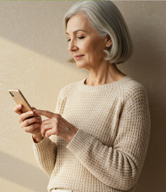 Mulher utilizando o celular para falar com a equipe de atendimento